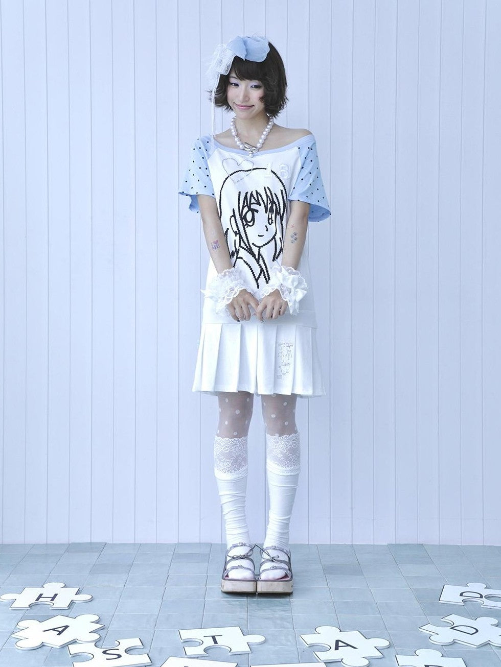 Hashtag DDD Y2k Blue White Rhinestone Off Shoulder Short Sleeve Pleated Women's Cotton Casual Mini Dresses