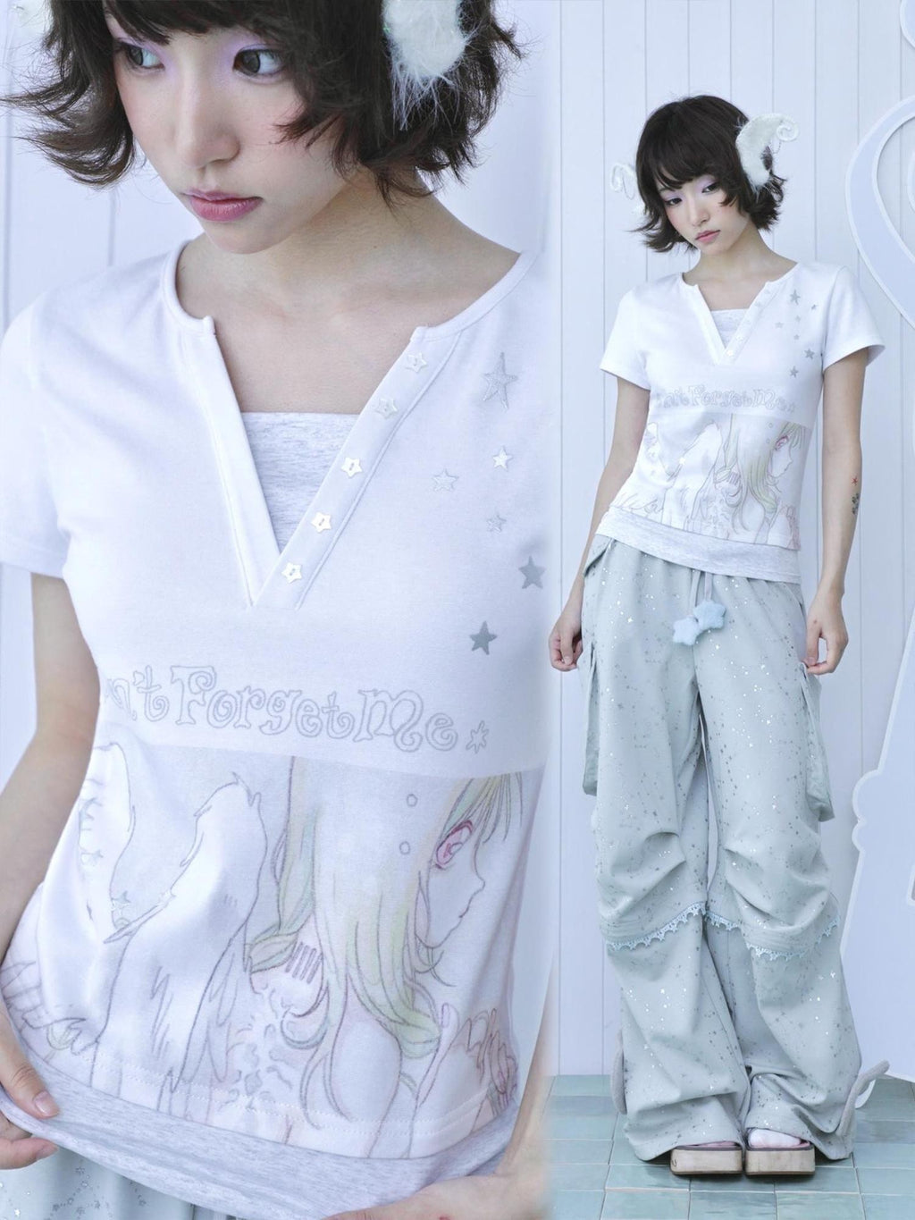 Hashtag DDD Y2k Dreamcore Angel Silver Foil Print Layered Women's Cotton Short Sleeve T-shirts