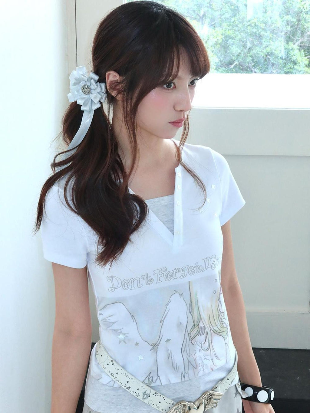 Hashtag DDD Y2k Dreamcore Angel Silver Foil Print Layered Women's Cotton Short Sleeve T-shirts