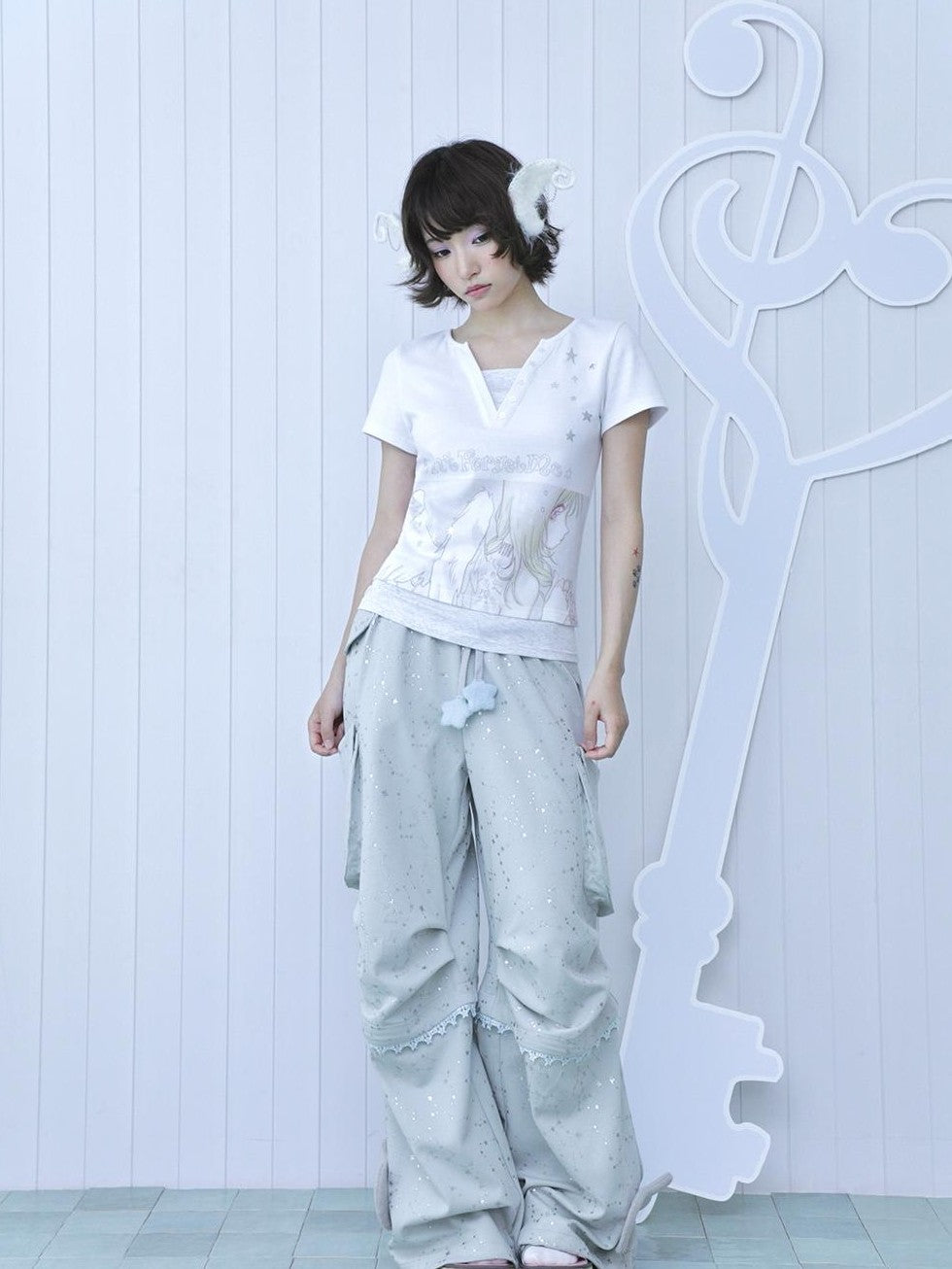 Hashtag DDD Y2k Dreamcore Angel Silver Foil Print Layered Women's Cotton Short Sleeve T-shirts