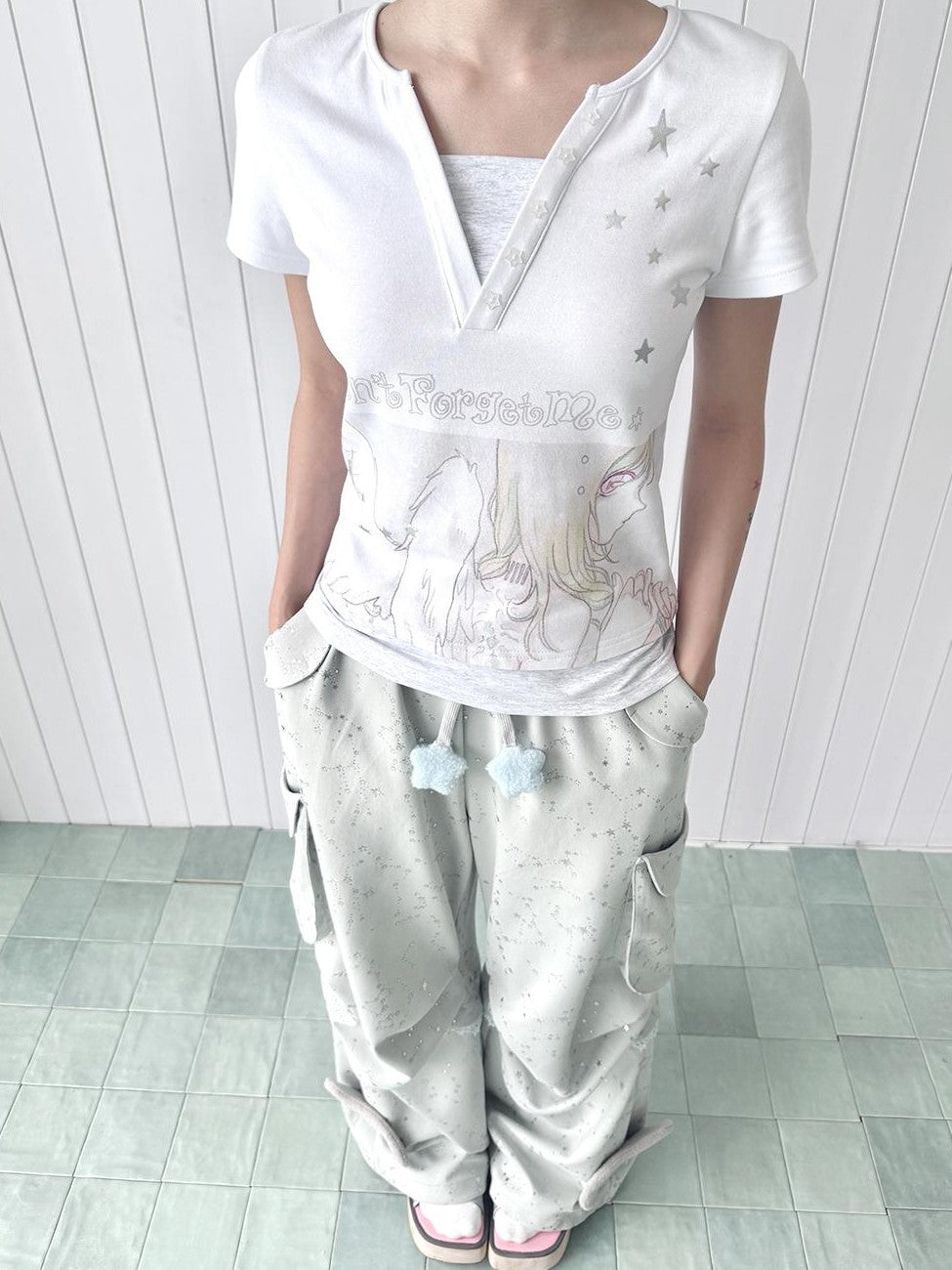 Hashtag DDD Y2k Dreamcore Angel Silver Foil Print Layered Women's Cotton Short Sleeve T-shirts