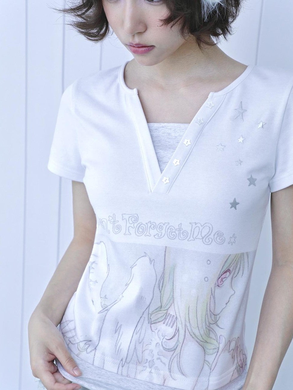 Hashtag DDD Y2k Dreamcore Angel Silver Foil Print Layered Women's Cotton Short Sleeve T-shirts