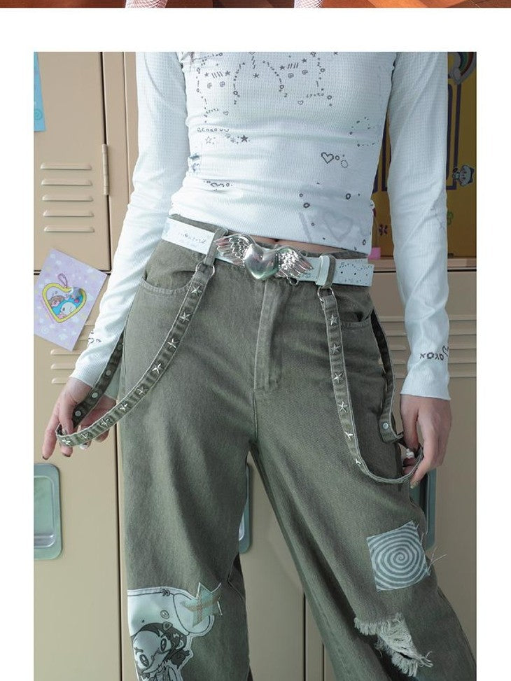 Hashtag DDD Y2k Winged Heart Angel White Pu Leather Hip Hop Women's Belts