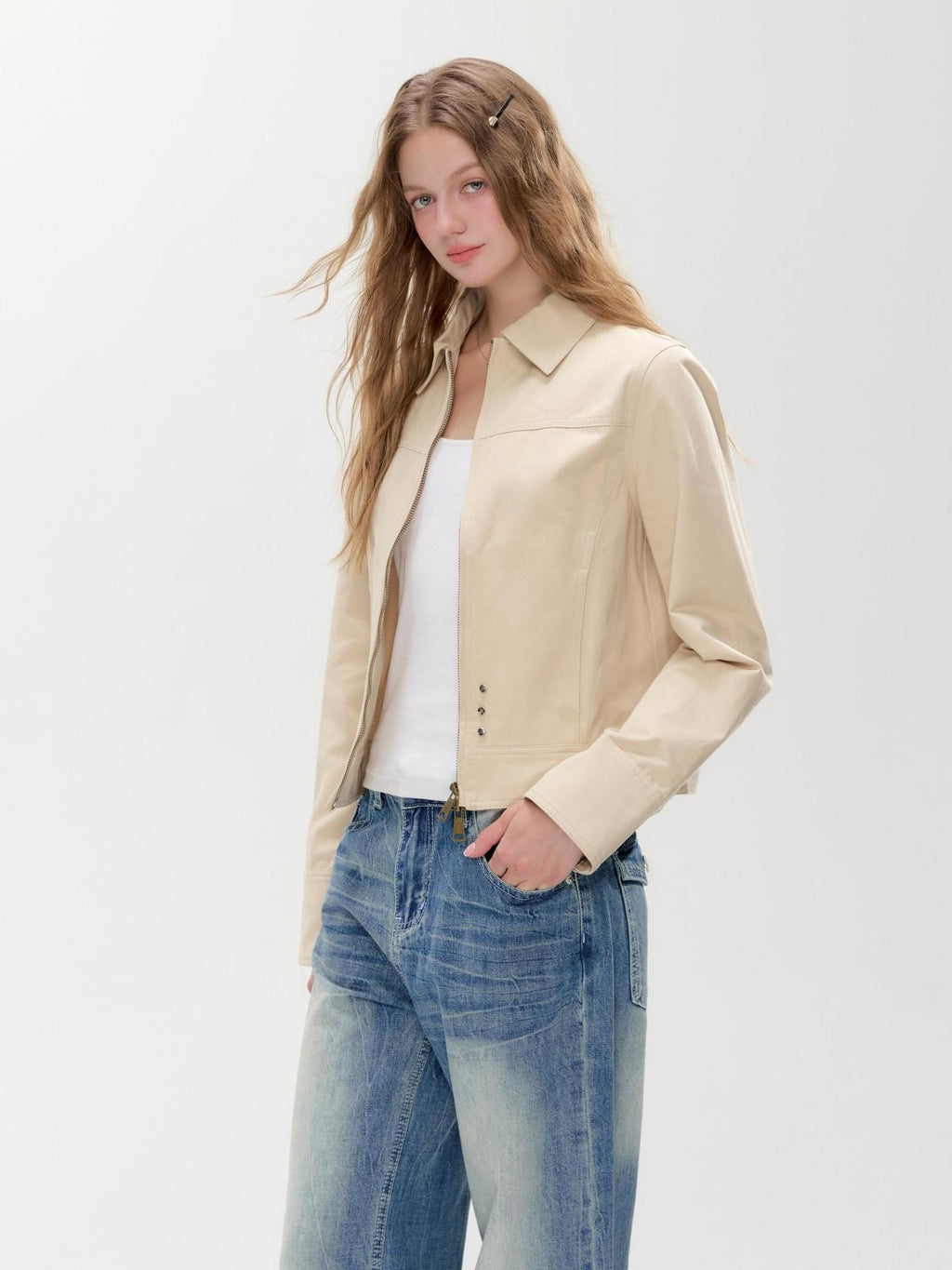 Hypoekai Apricot Khaki Slim Fit Turn Collar Zip Front Women's Lightweight Jackets