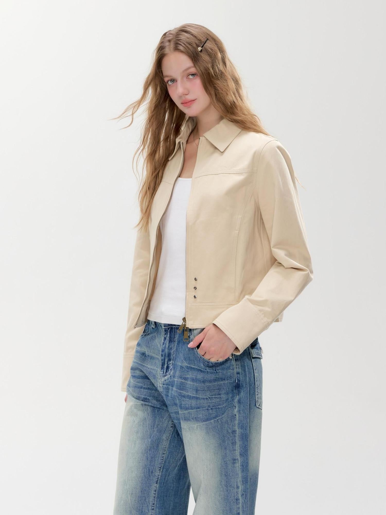 Hypoekai Apricot Khaki Slim Fit Turn Collar Zip Front Women's Lightweight Jackets