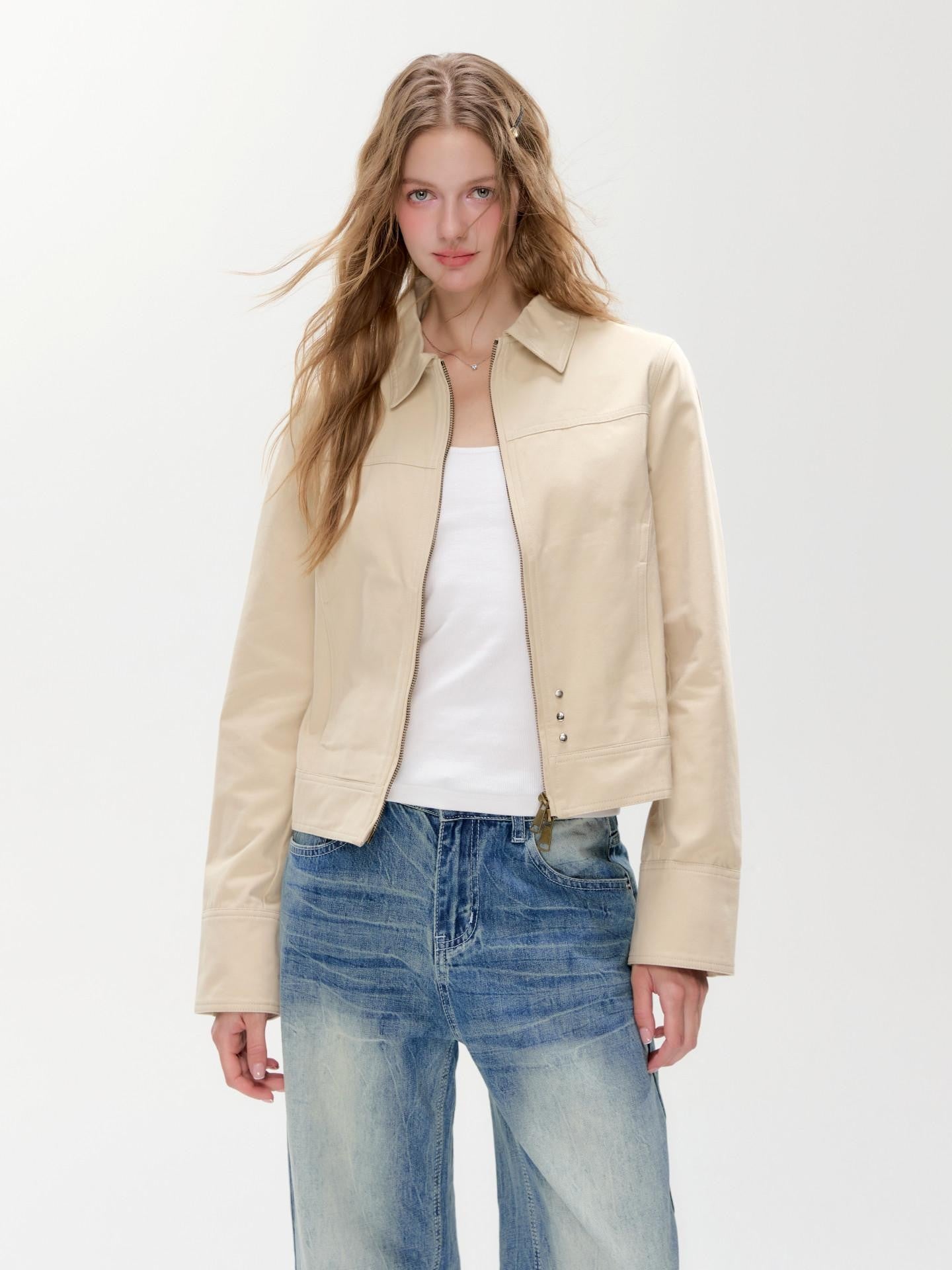 Hypoekai Apricot Khaki Slim Fit Turn Collar Zip Front Women's Lightweight Jackets