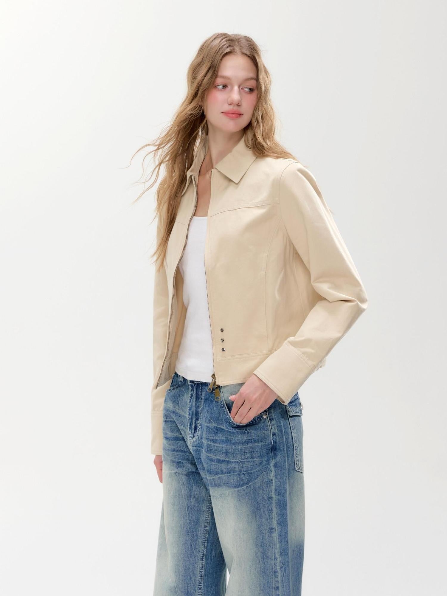 Hypoekai Apricot Khaki Slim Fit Turn Collar Zip Front Women's Lightweight Jackets