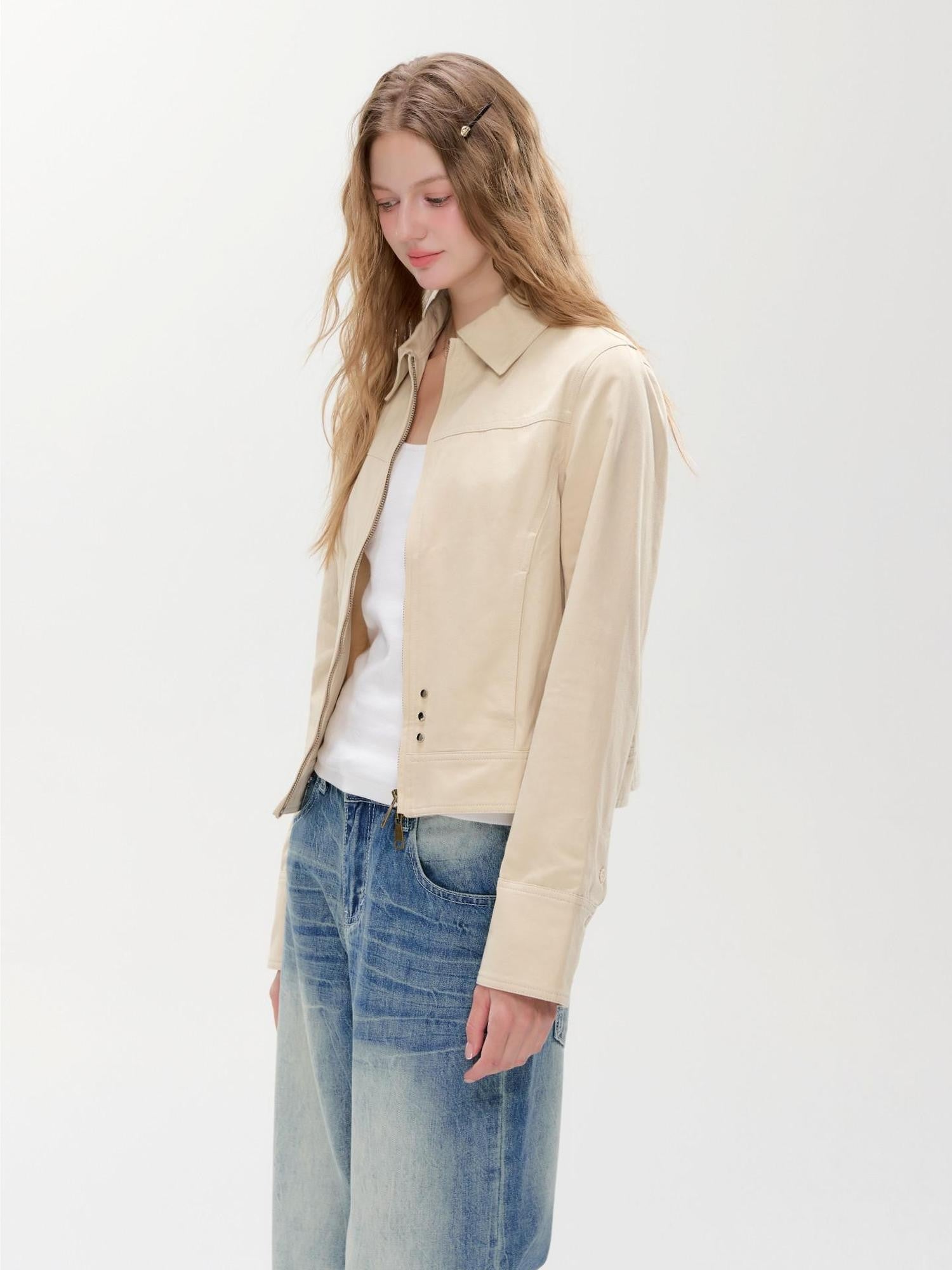 Hypoekai Apricot Khaki Slim Fit Turn Collar Zip Front Women's Lightweight Jackets