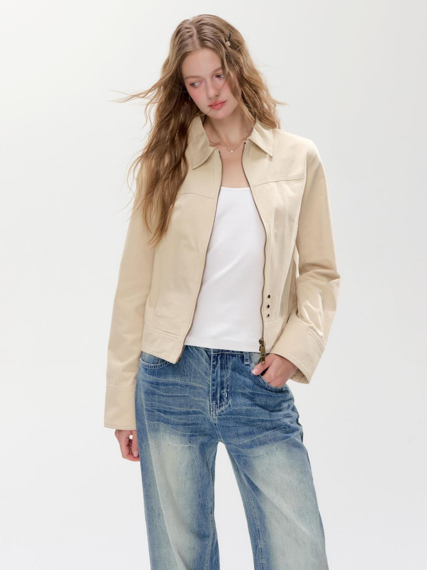 Hypoekai Apricot Khaki Slim Fit Turn Collar Zip Front Women's Lightweight Jackets