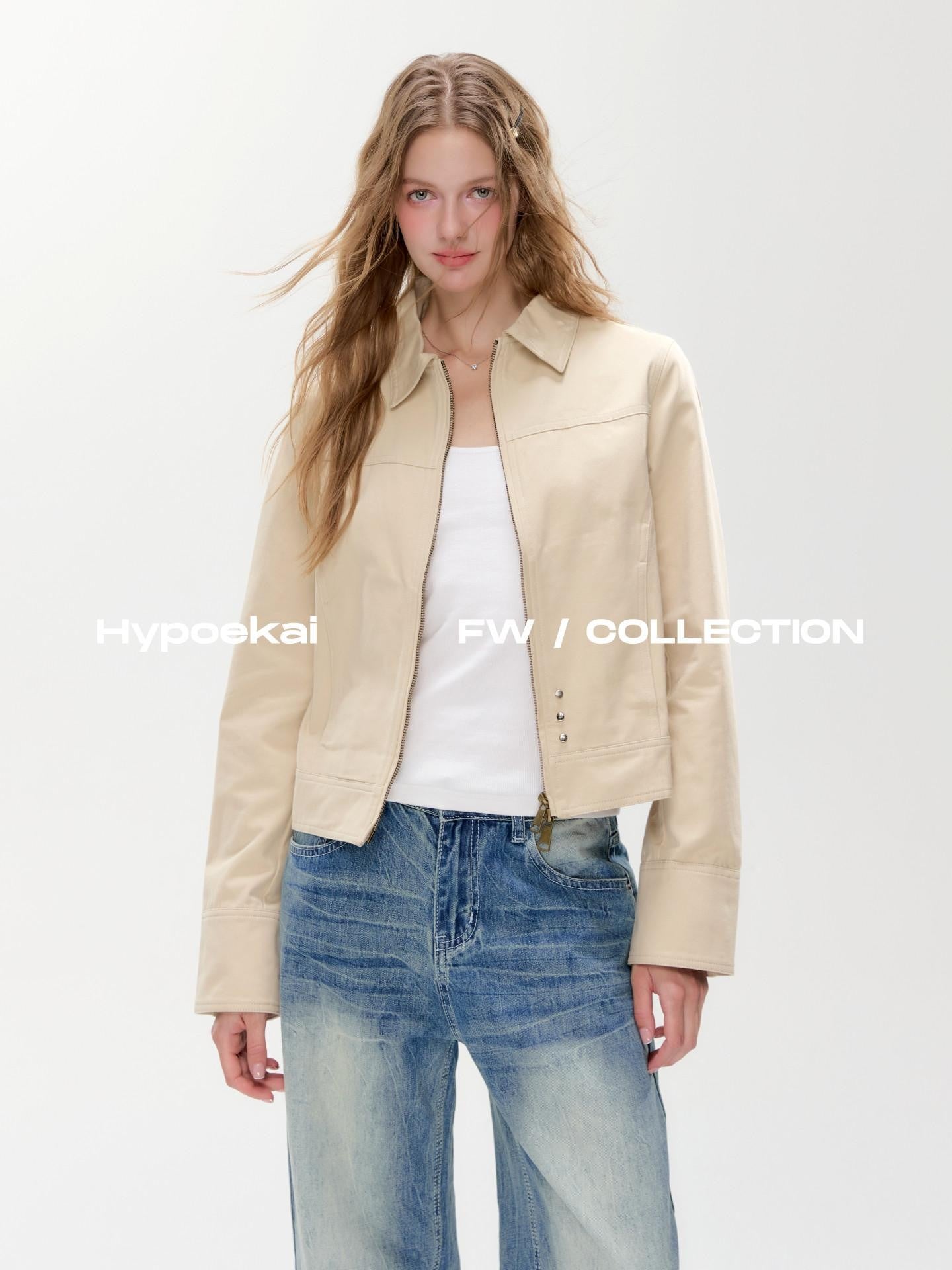 Hypoekai Apricot Khaki Slim Fit Turn Collar Zip Front Women's Lightweight Jackets