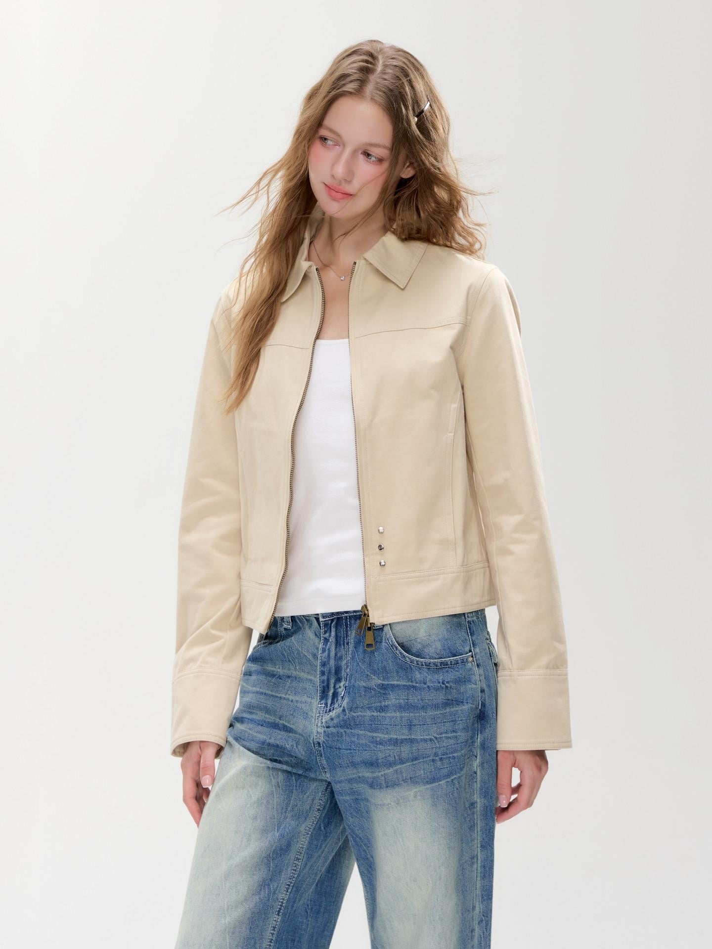 Hypoekai Apricot Khaki Slim Fit Turn Collar Zip Front Women's Lightweight Jackets