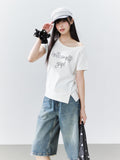 Hypoekai Asymmetrical Side Slit Printed Round Neck Women's Off-shoulder T-shirts
