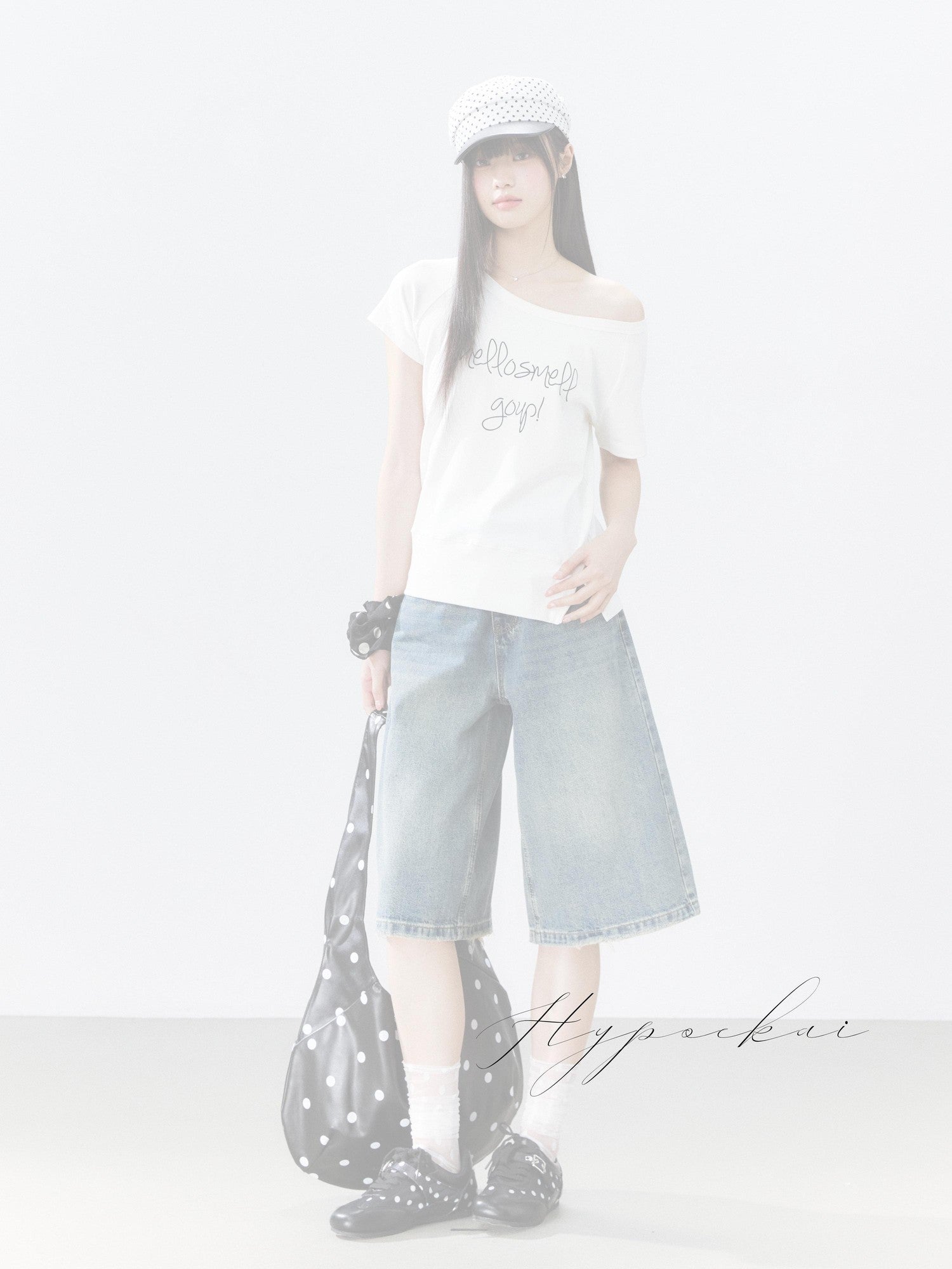Hypoekai Asymmetrical Side Slit Printed Round Neck Women's Off-shoulder T-shirts