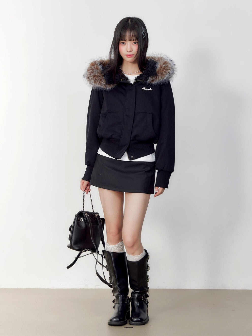 Hypoekai Black Faux Fur Hooded Slim Fit Long Sleeve Women's Puffer Jackets