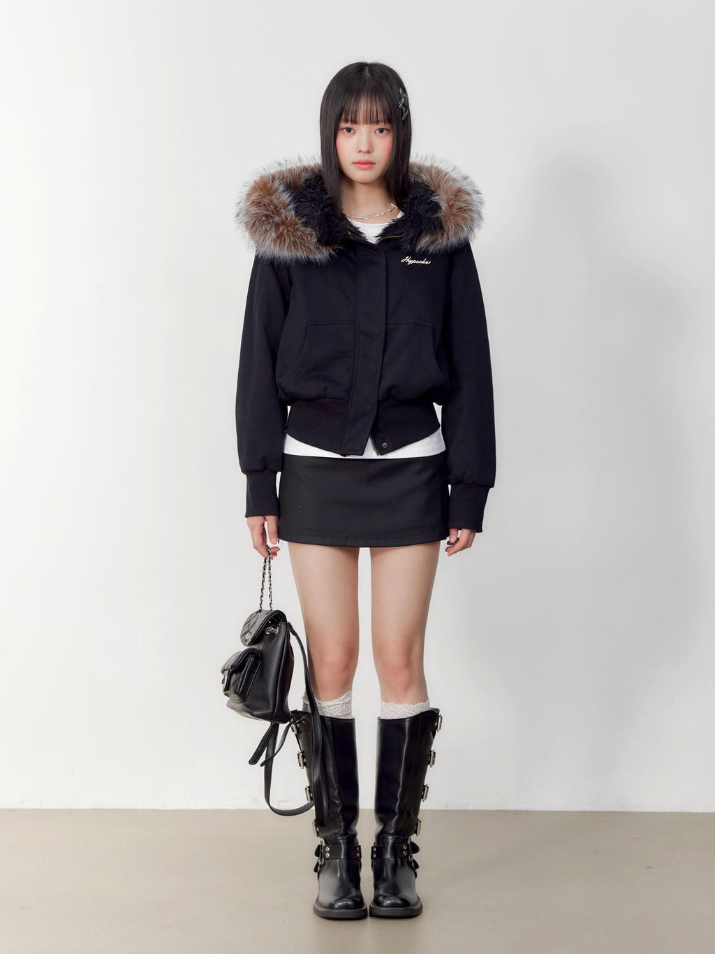 Hypoekai Black Faux Fur Hooded Slim Fit Long Sleeve Women's Puffer Jackets