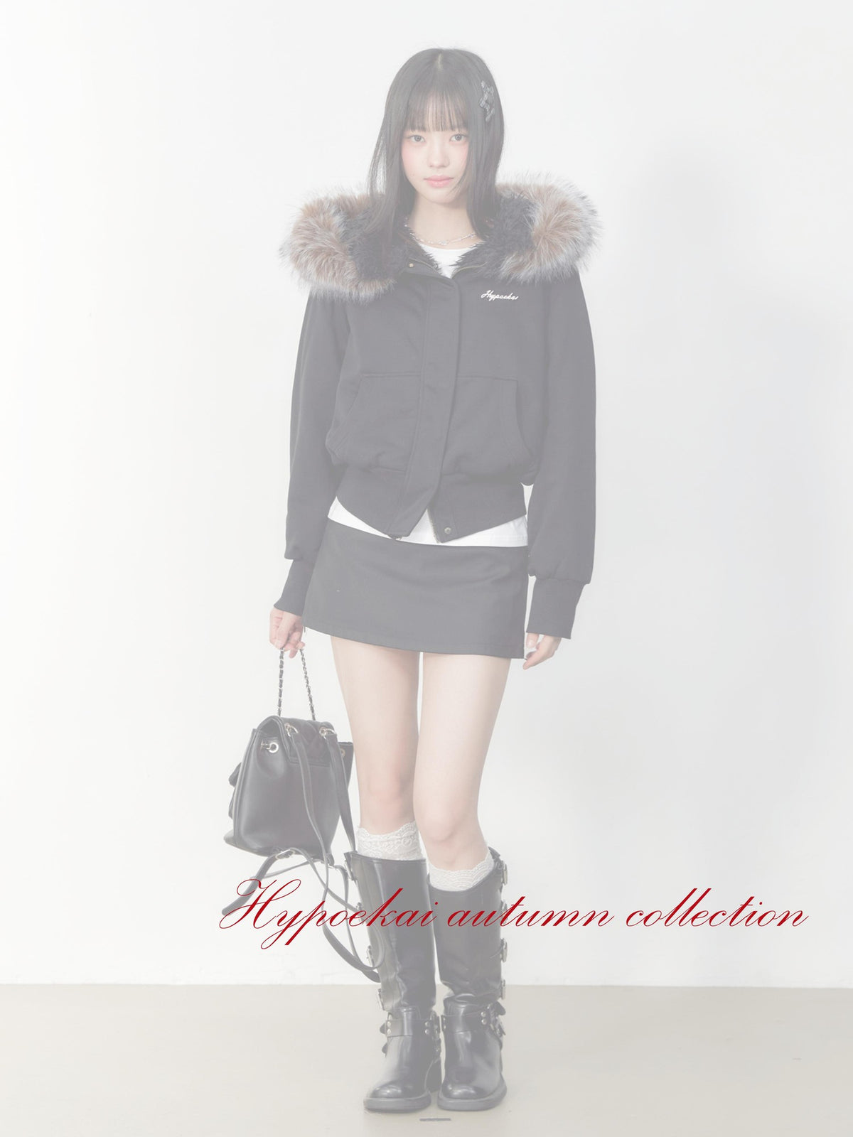 Hypoekai Black Faux Fur Hooded Slim Fit Long Sleeve Women's Puffer Jackets