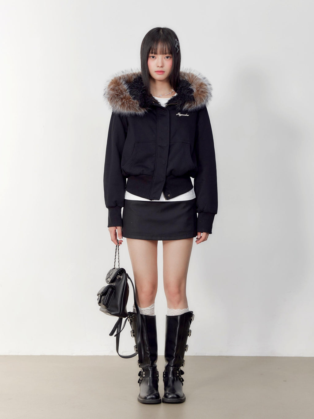 Hypoekai Black Faux Fur Hooded Slim Fit Long Sleeve Women's Puffer Jackets