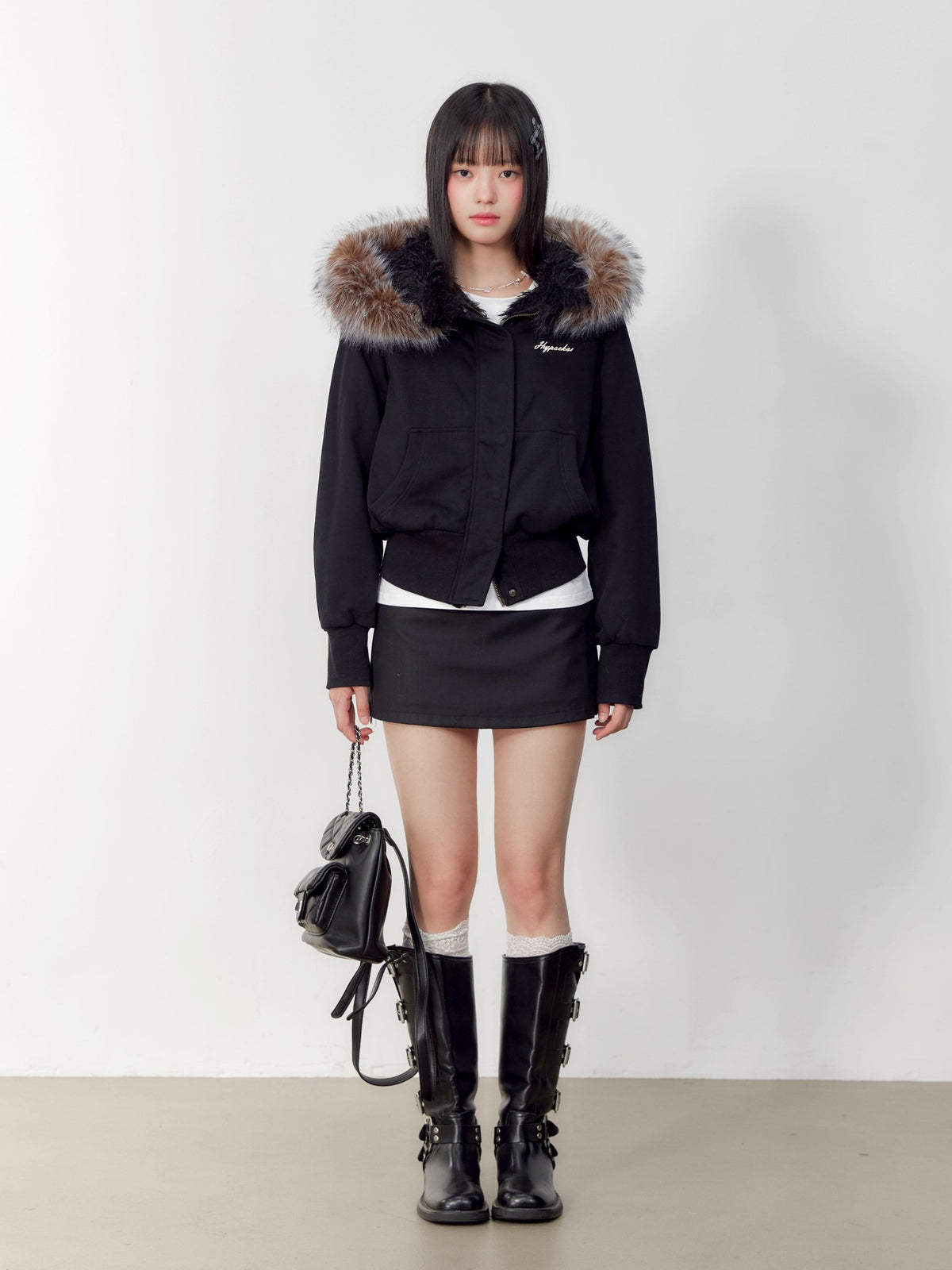 Hypoekai Black Faux Fur Hooded Slim Fit Long Sleeve Women's Puffer Jackets