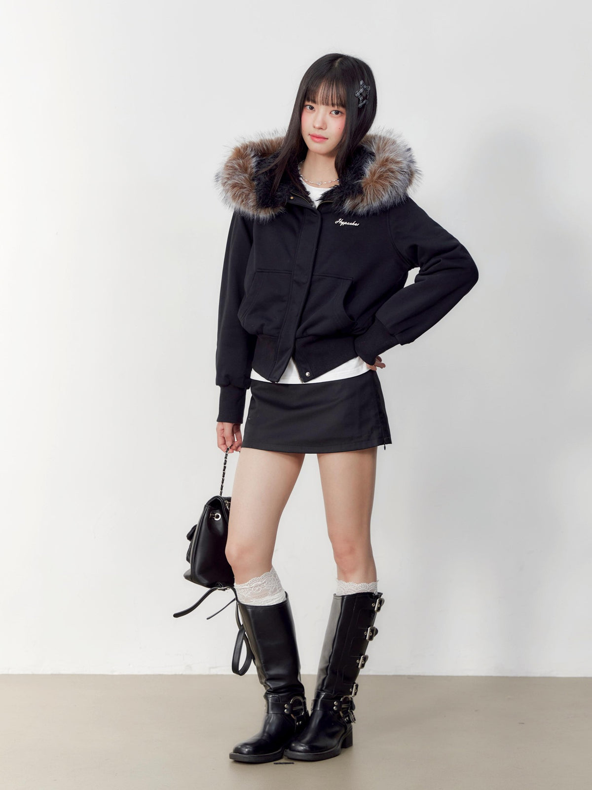 Hypoekai Black Faux Fur Hooded Slim Fit Long Sleeve Women's Puffer Jackets