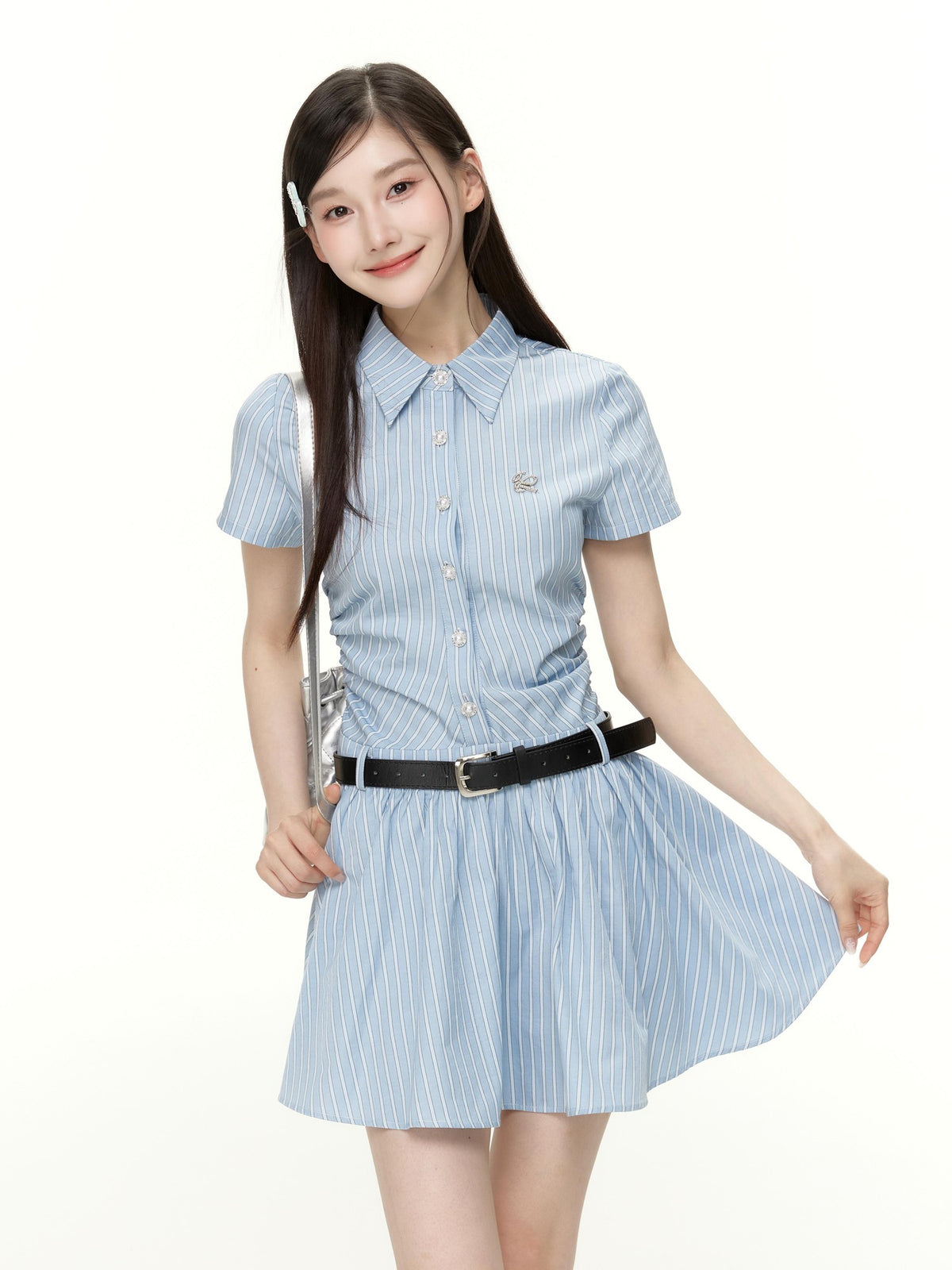 Hypoekai Blue Striped Square Neck Half Sleeve Cinched Waist Women's Polyester Casual Mini Dresses