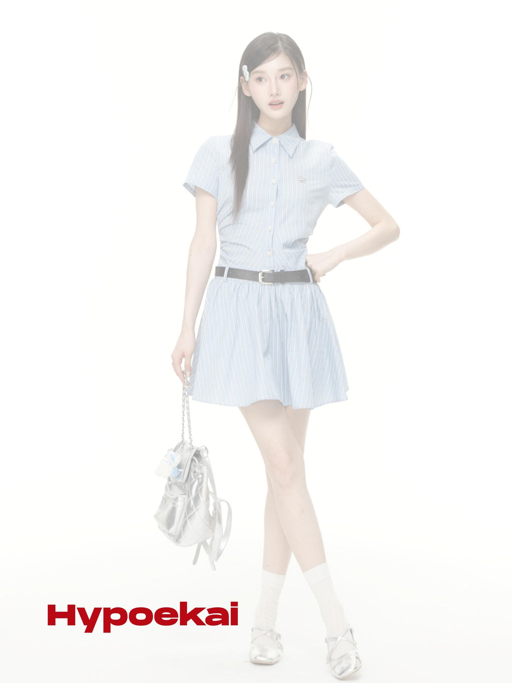 Hypoekai Blue Striped Square Neck Half Sleeve Cinched Waist Women's Polyester Casual Mini Dresses