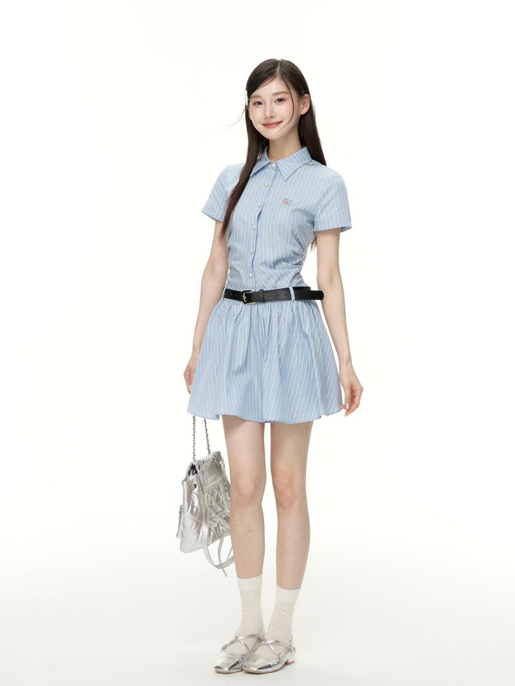 Hypoekai Blue Striped Square Neck Half Sleeve Cinched Waist Women's Polyester Casual Mini Dresses