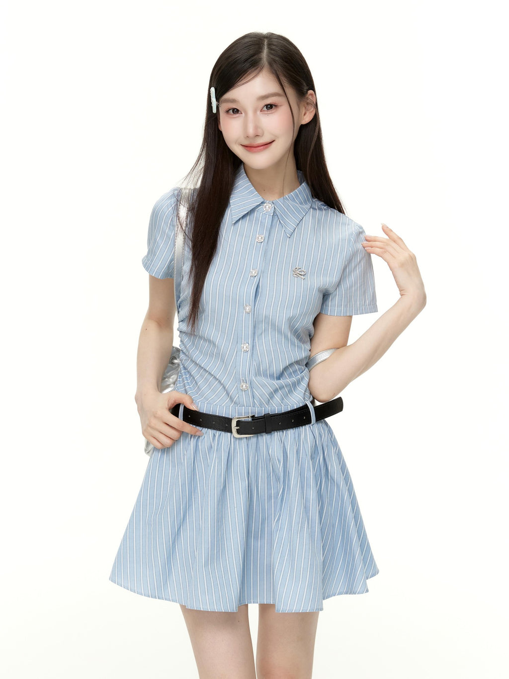 Hypoekai Blue Striped Square Neck Half Sleeve Cinched Waist Women's Polyester Casual Mini Dresses