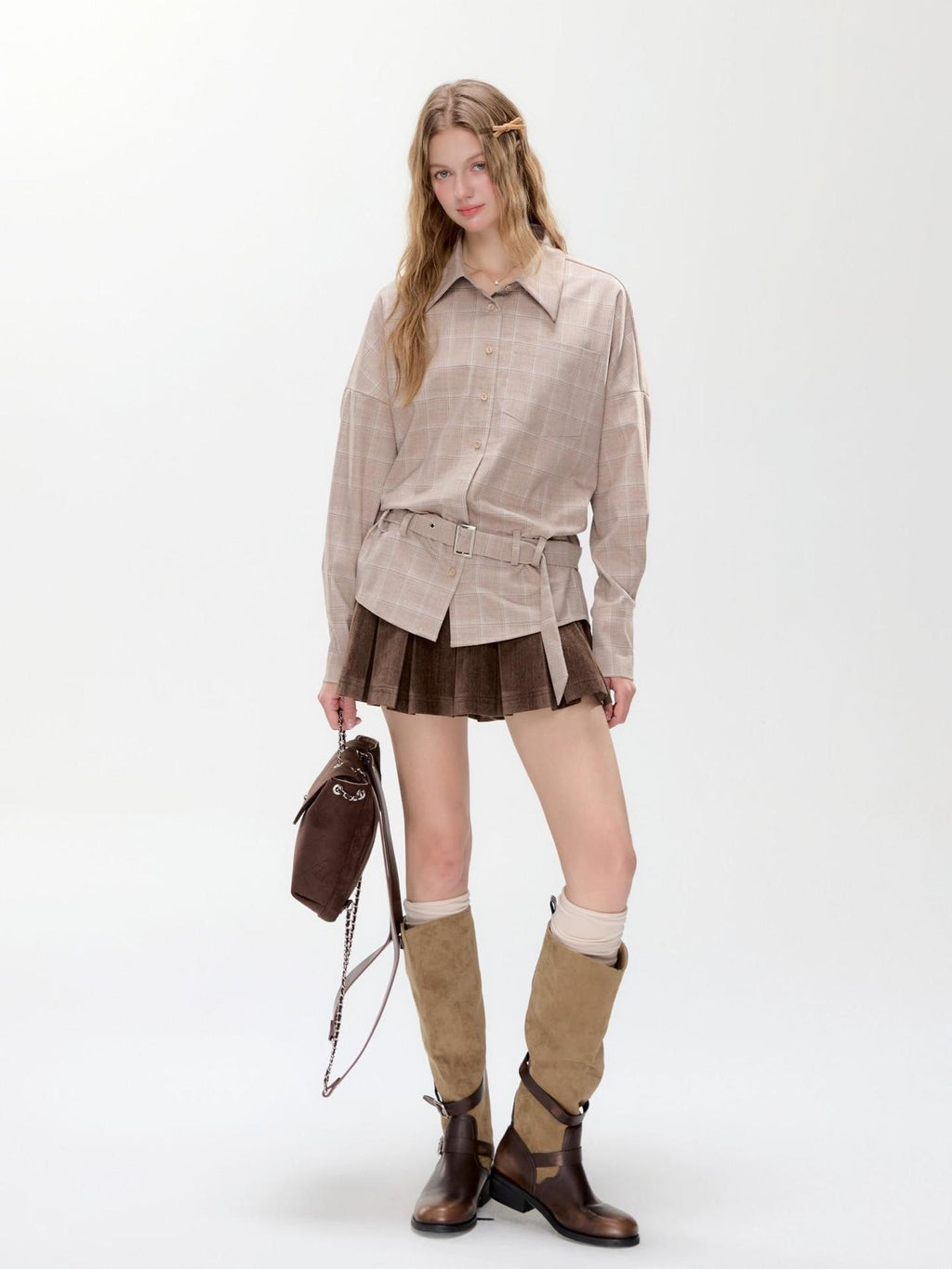 Hypoekai Brown Check Belted Waist Relaxed Fit Slimming Women's Overshirts