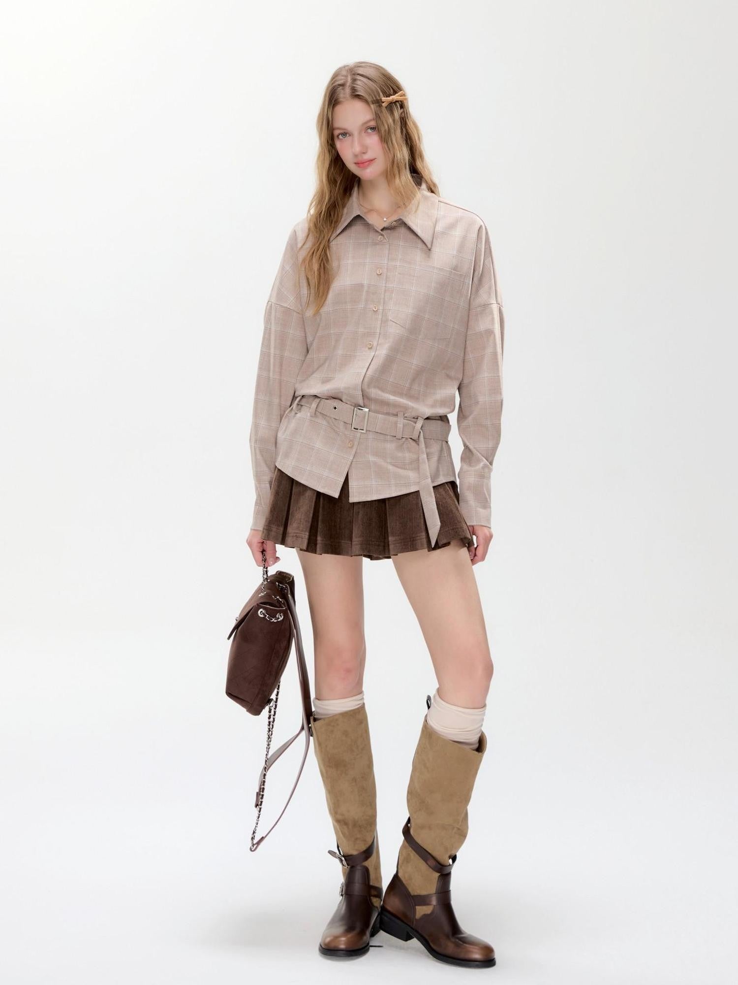 Hypoekai Brown Check Belted Waist Relaxed Fit Slimming Women's Overshirts
