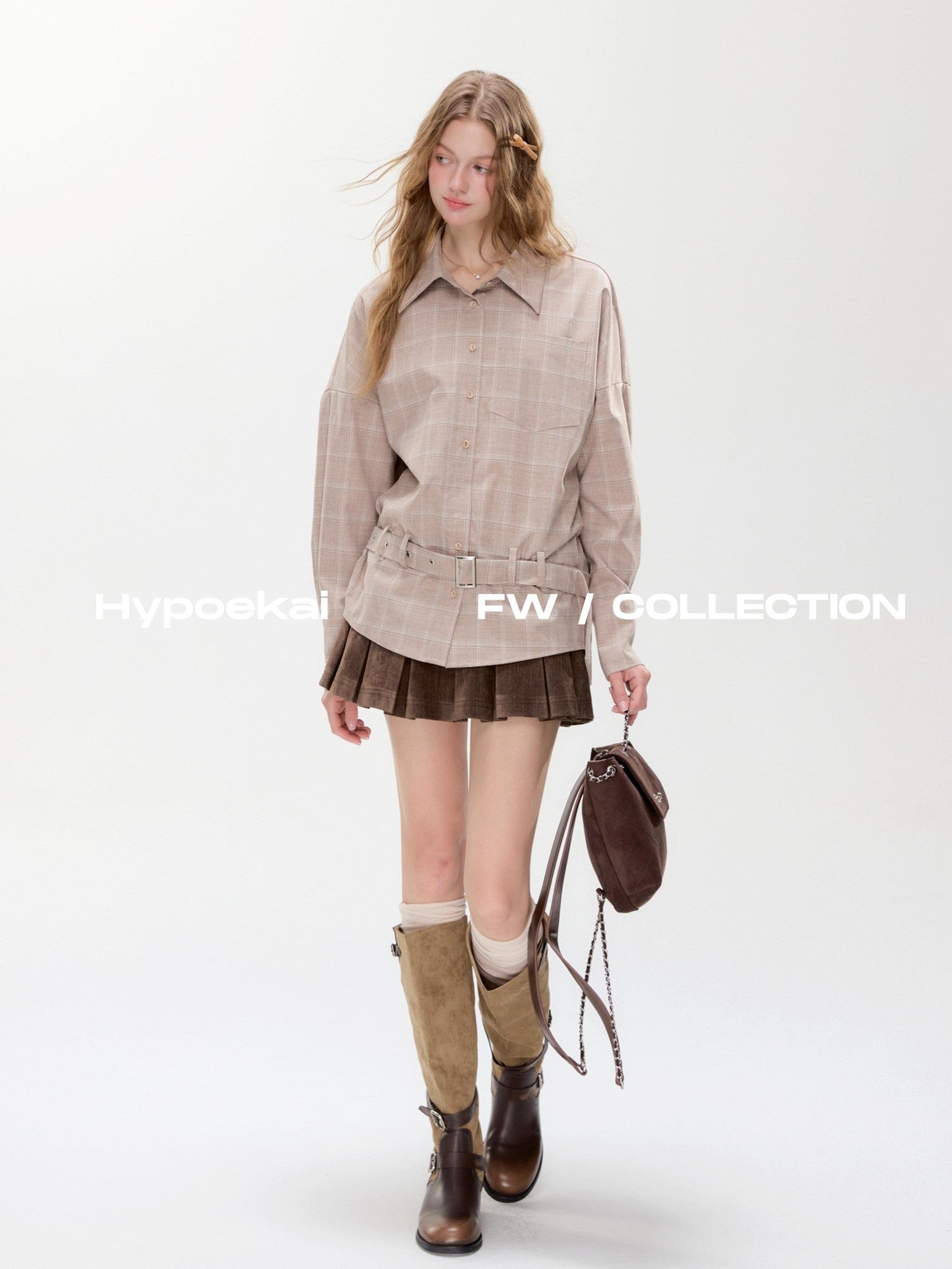 Hypoekai Brown Check Belted Waist Relaxed Fit Slimming Women's Overshirts