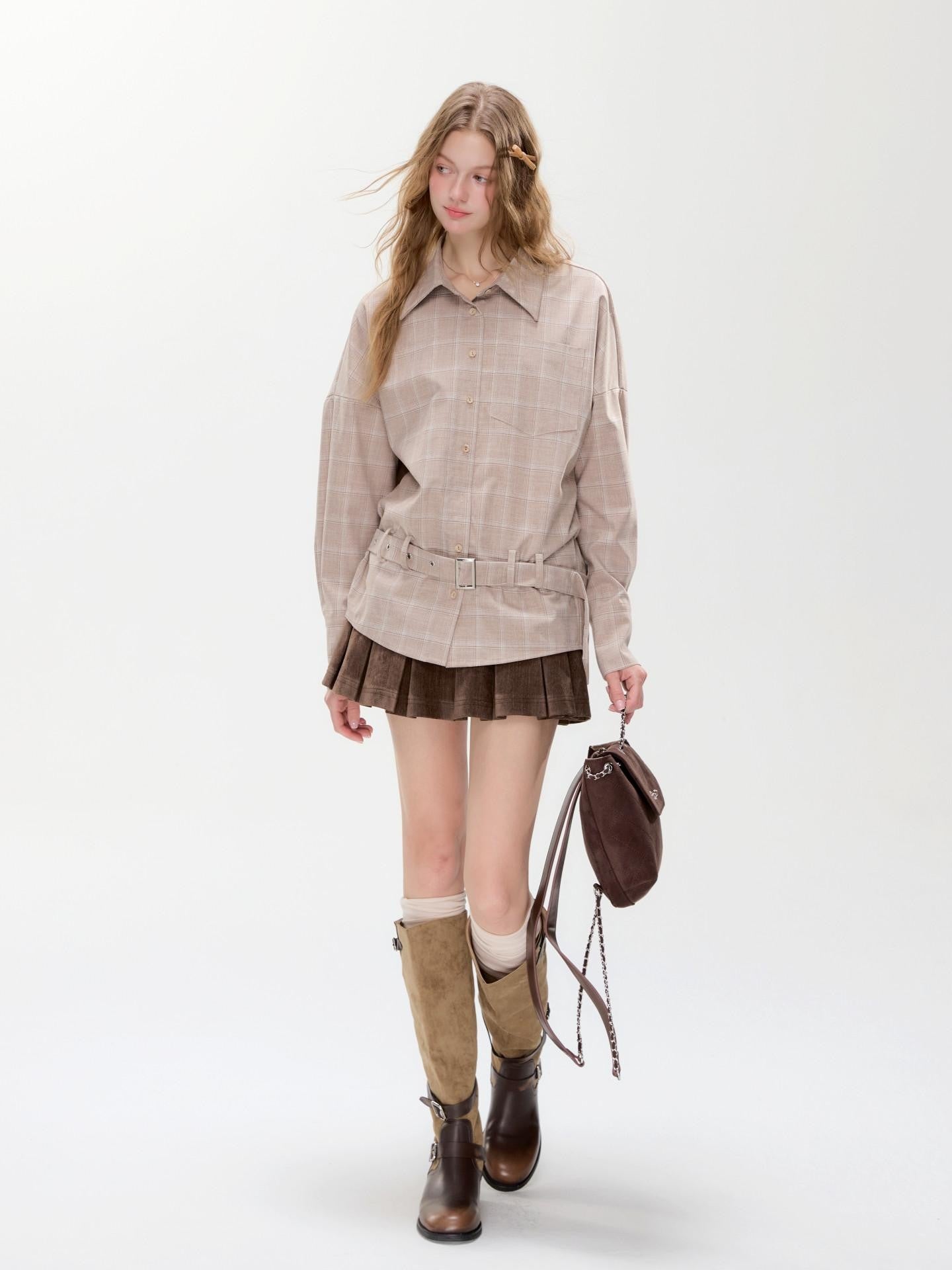 Hypoekai Brown Check Belted Waist Relaxed Fit Slimming Women's Overshirts