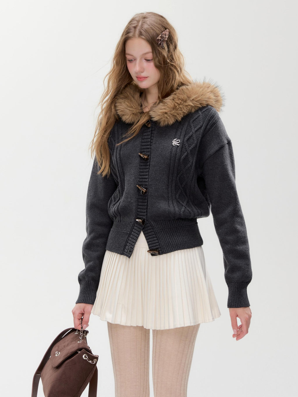 Hypoekai Cable Knit Hooded Faux Fur Collar Slim Fit Cotton Women's Cardigans