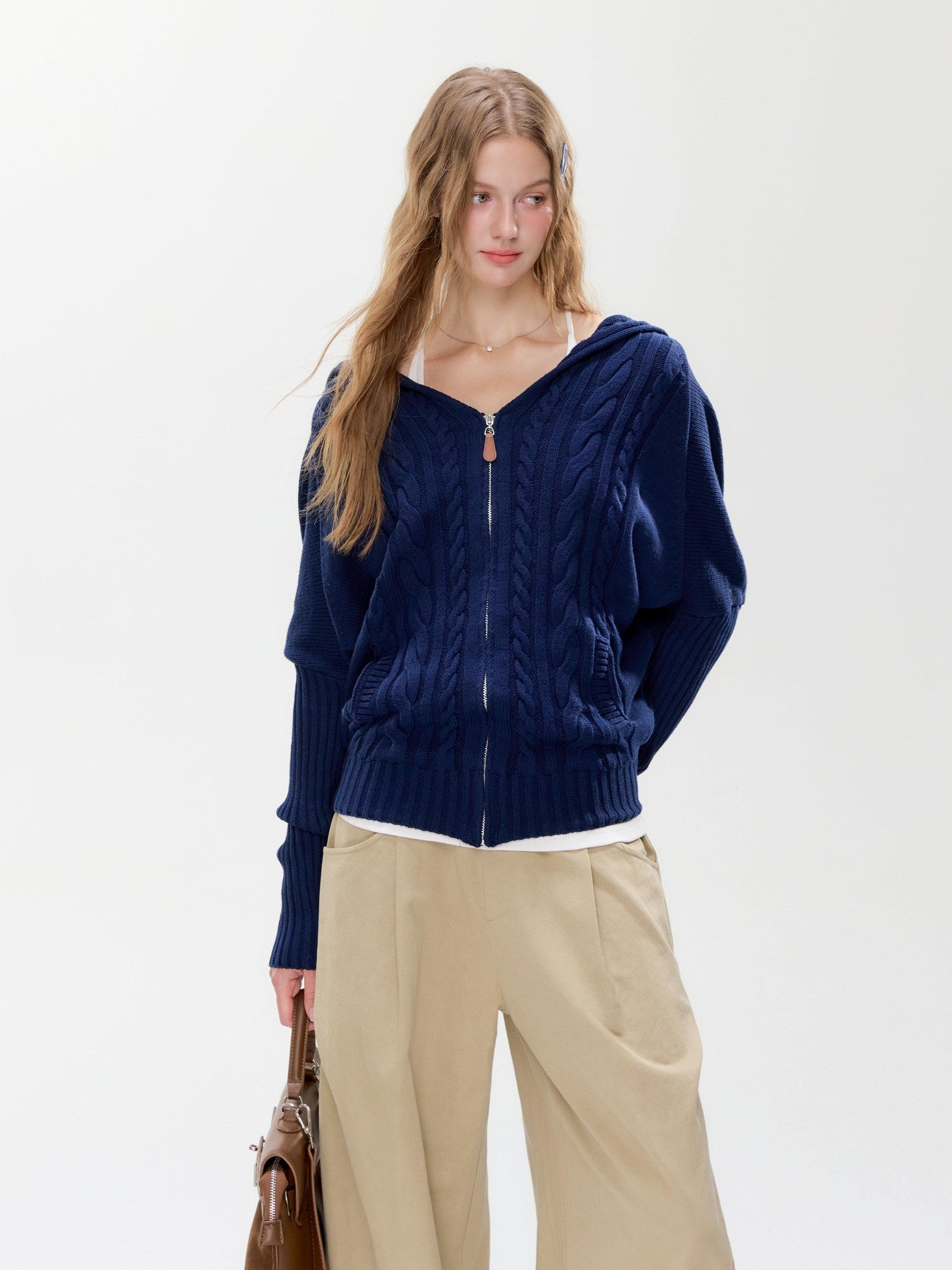 Hypoekai Casual Hooded Batwing Sleeves Open Front Slimming Women's Knit Cardigans
