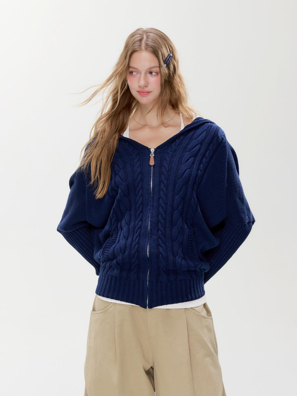 Hypoekai Casual Hooded Batwing Sleeves Open Front Slimming Women's Knit Cardigans
