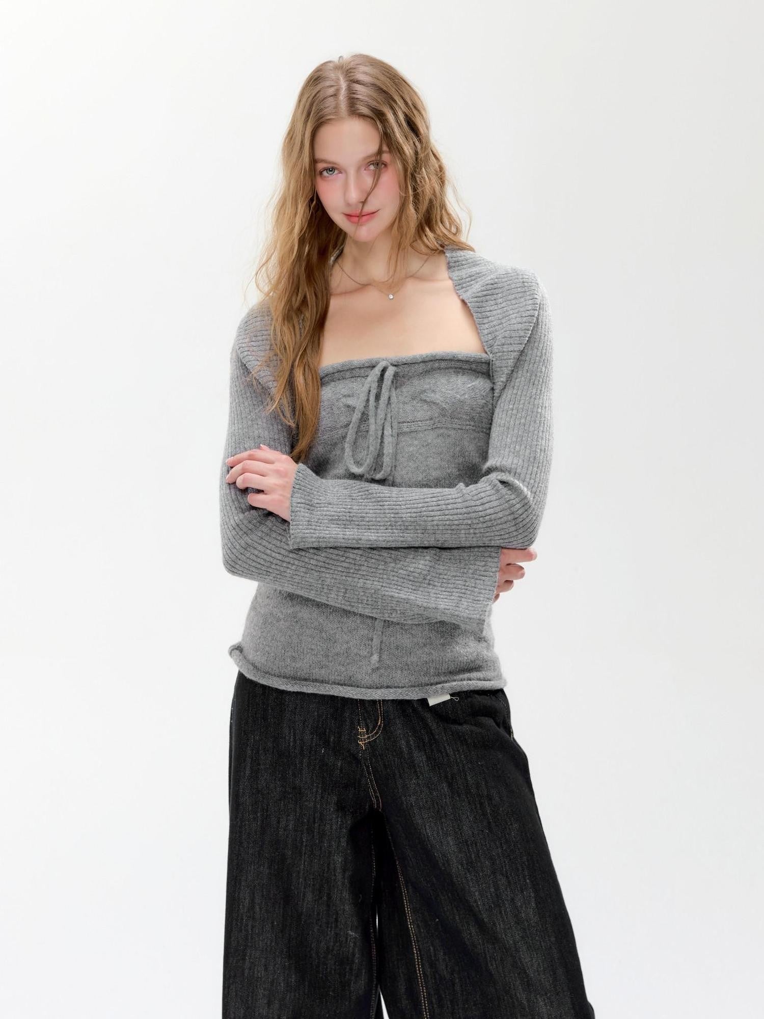Hypoekai Cloud Gray Knitted Two Piece Slim Fit Women's Knit Boleros & Shrugs
