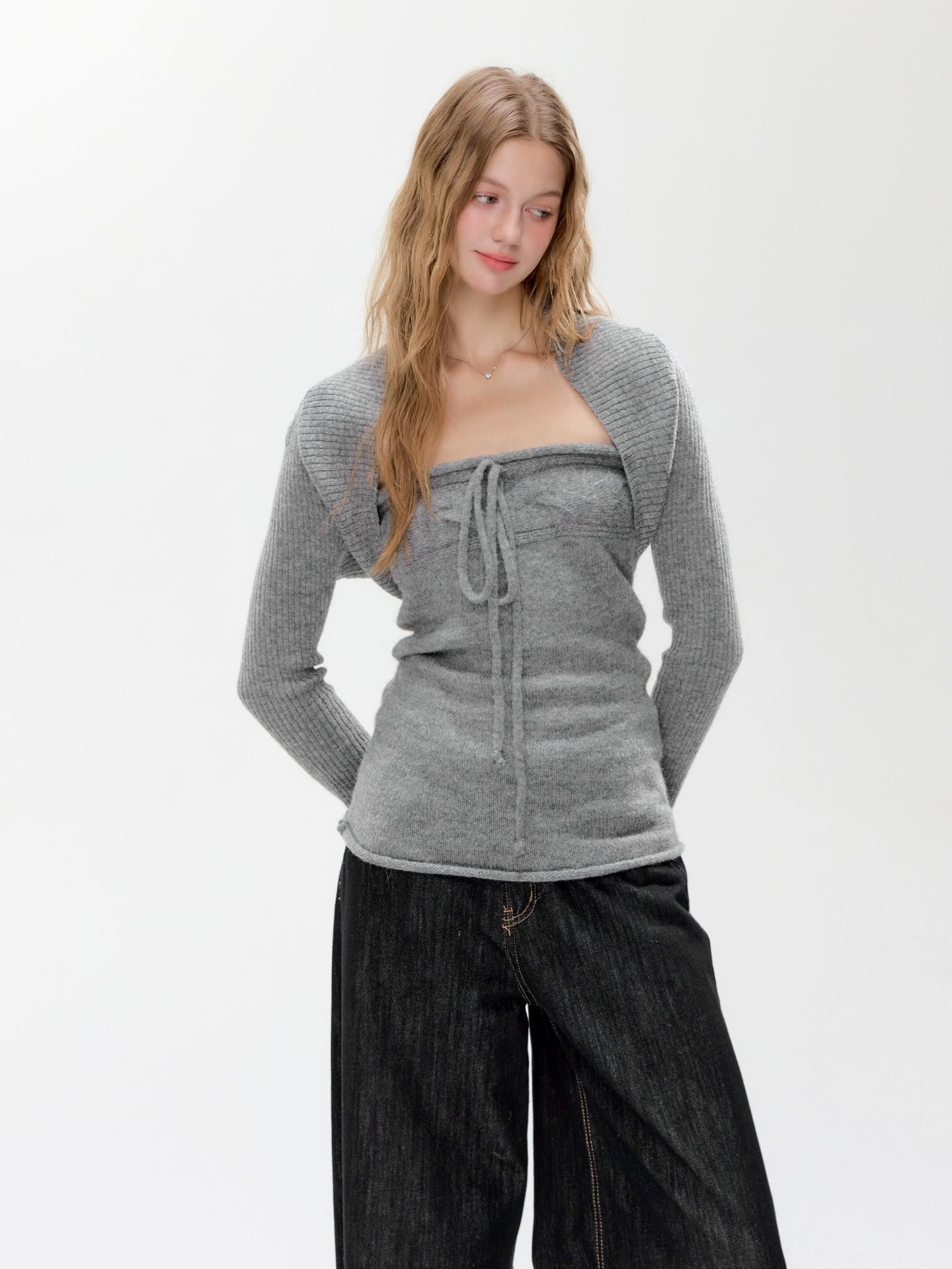 Hypoekai Cloud Gray Knitted Two Piece Slim Fit Women's Knit Boleros & Shrugs