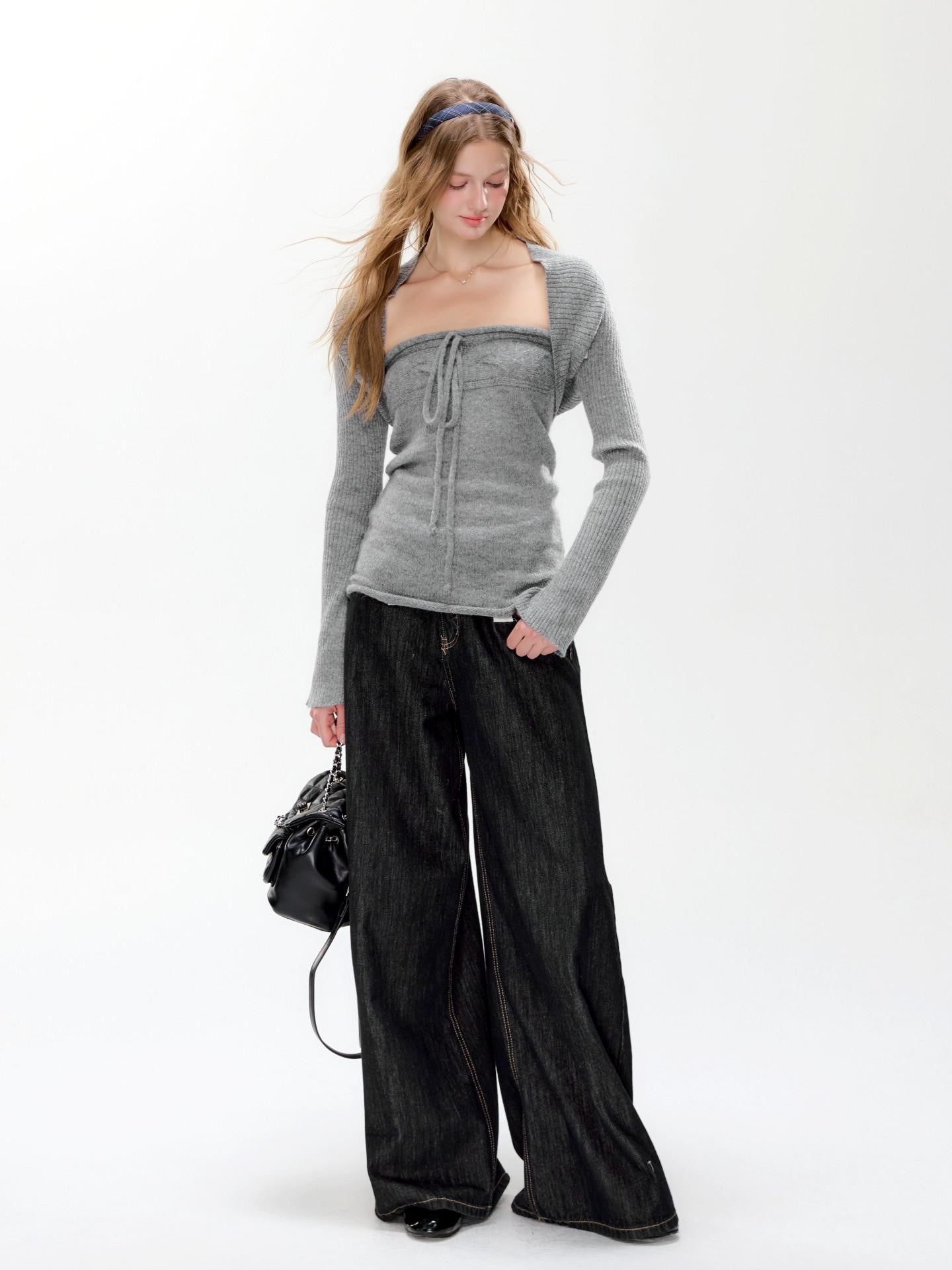 Hypoekai Cloud Gray Knitted Two Piece Slim Fit Women's Knit Boleros & Shrugs