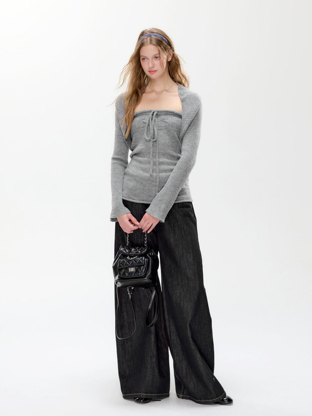 Hypoekai Cloud Gray Knitted Two Piece Slim Fit Women's Knit Boleros & Shrugs