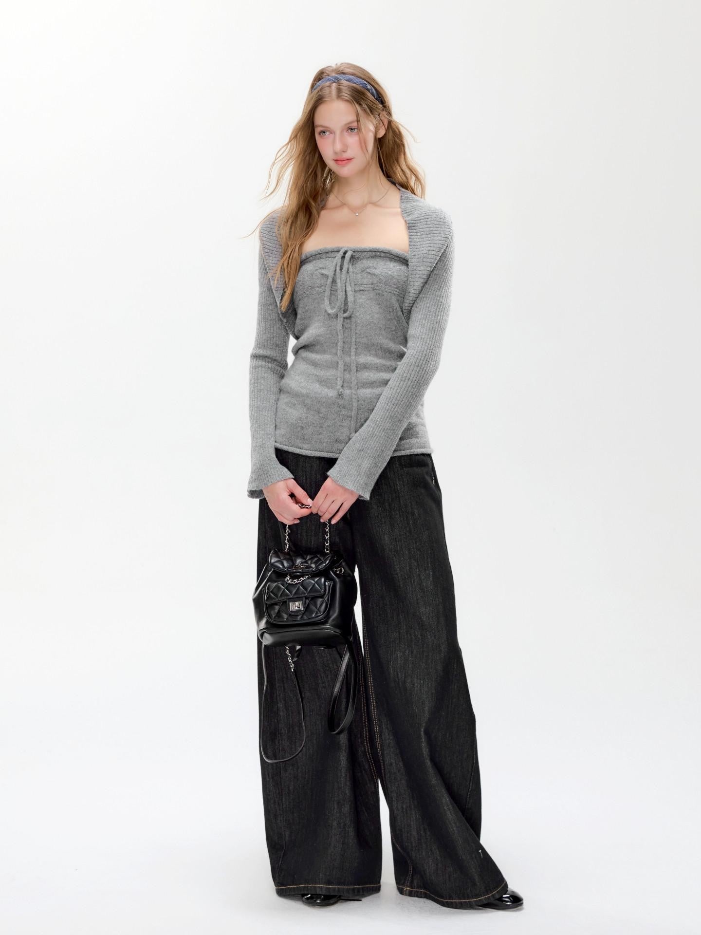 Hypoekai Cloud Gray Knitted Two Piece Slim Fit Women's Knit Boleros & Shrugs