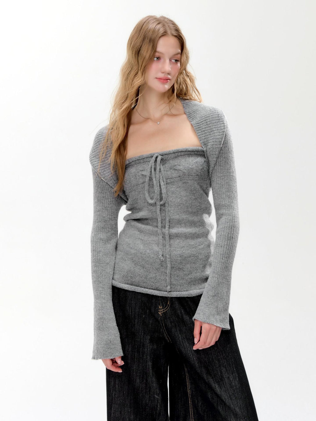Hypoekai Cloud Gray Knitted Two Piece Slim Fit Women's Knit Boleros & Shrugs