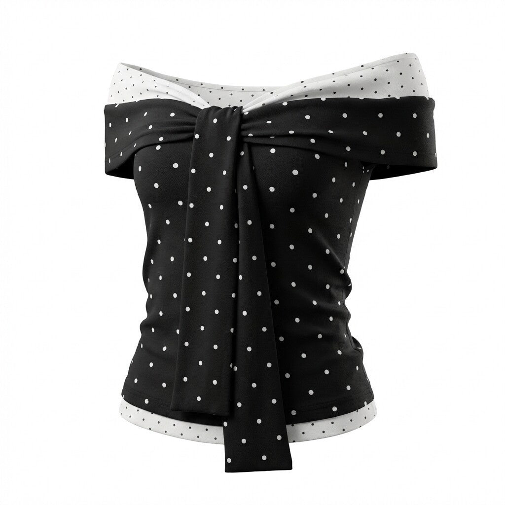 Hypoekai_Colorblock_Polka_Dot_Off_Shoulder_Fitted_Women's_Cotton_Short_Sleeve_T-shirts_1042098856623_MISSTT