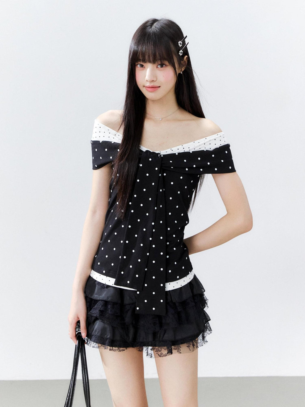 Hypoekai Colorblock Polka Dot Off Shoulder Fitted Women's Cotton Short Sleeve T-shirts