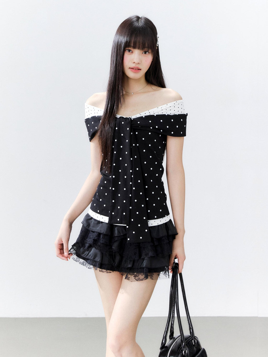 Hypoekai Colorblock Polka Dot Off Shoulder Fitted Women's Cotton Short Sleeve T-shirts