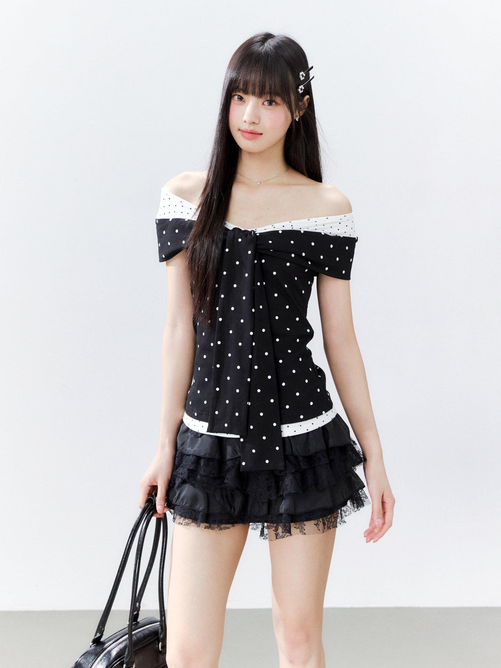Hypoekai Colorblock Polka Dot Off Shoulder Fitted Women's Cotton Short Sleeve T-shirts
