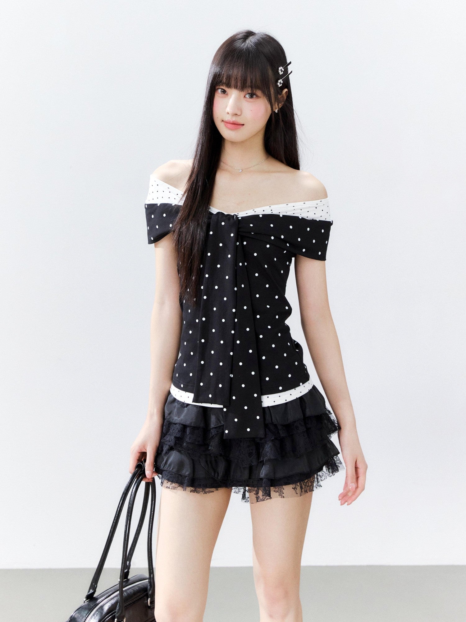 Hypoekai Colorblock Polka Dot Off Shoulder Fitted Women's Cotton Short Sleeve T-shirts