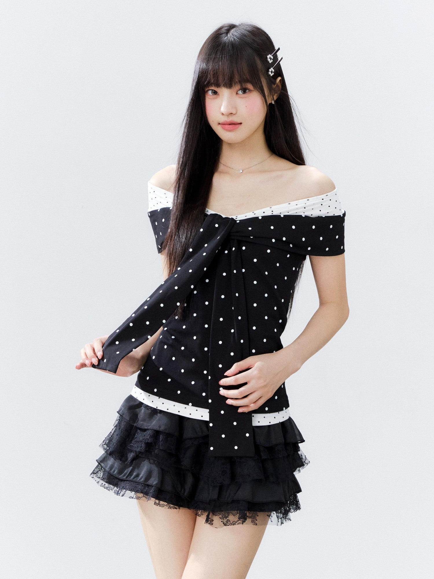 Hypoekai Colorblock Polka Dot Off Shoulder Fitted Women's Cotton Short Sleeve T-shirts