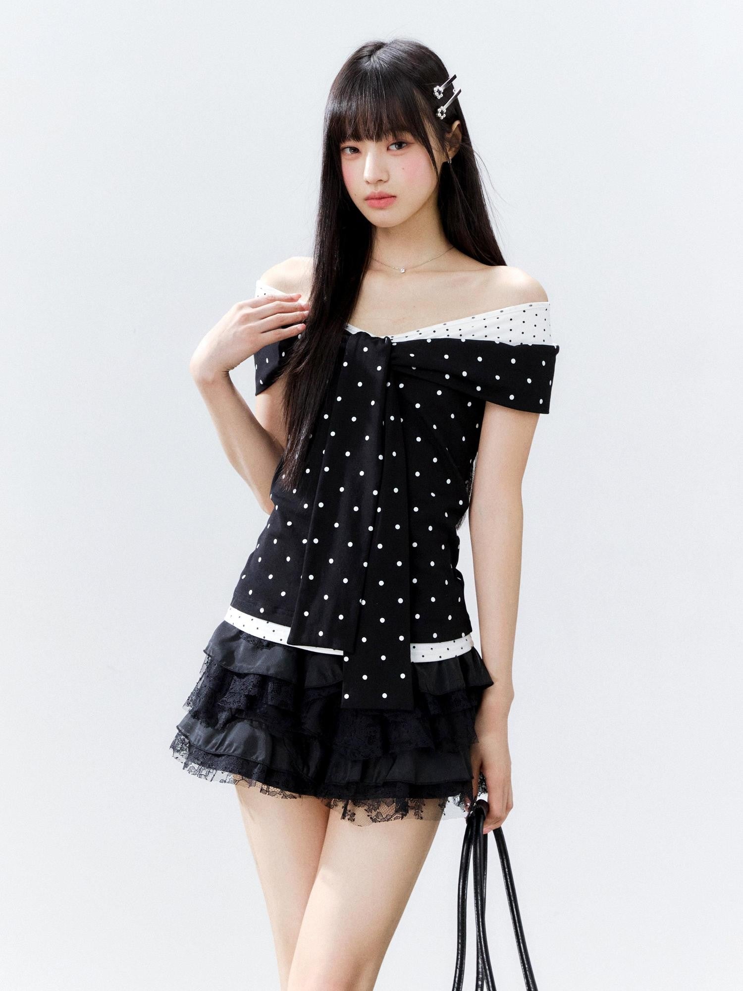 Hypoekai Colorblock Polka Dot Off Shoulder Fitted Women's Cotton Short Sleeve T-shirts
