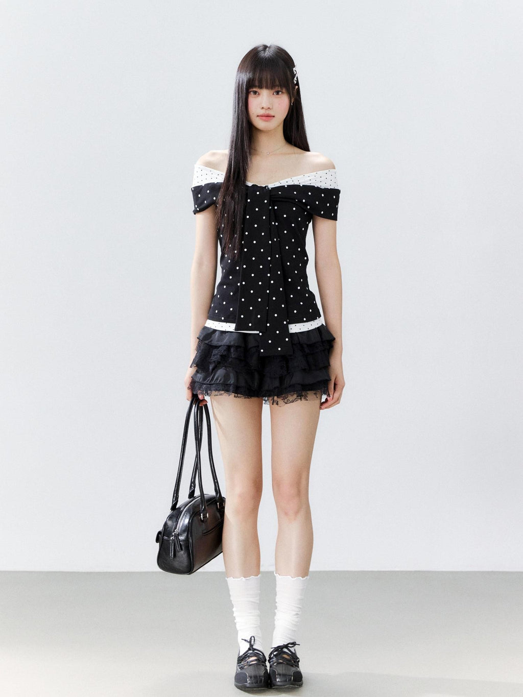 Hypoekai Colorblock Polka Dot Off Shoulder Fitted Women's Cotton Short Sleeve T-shirts