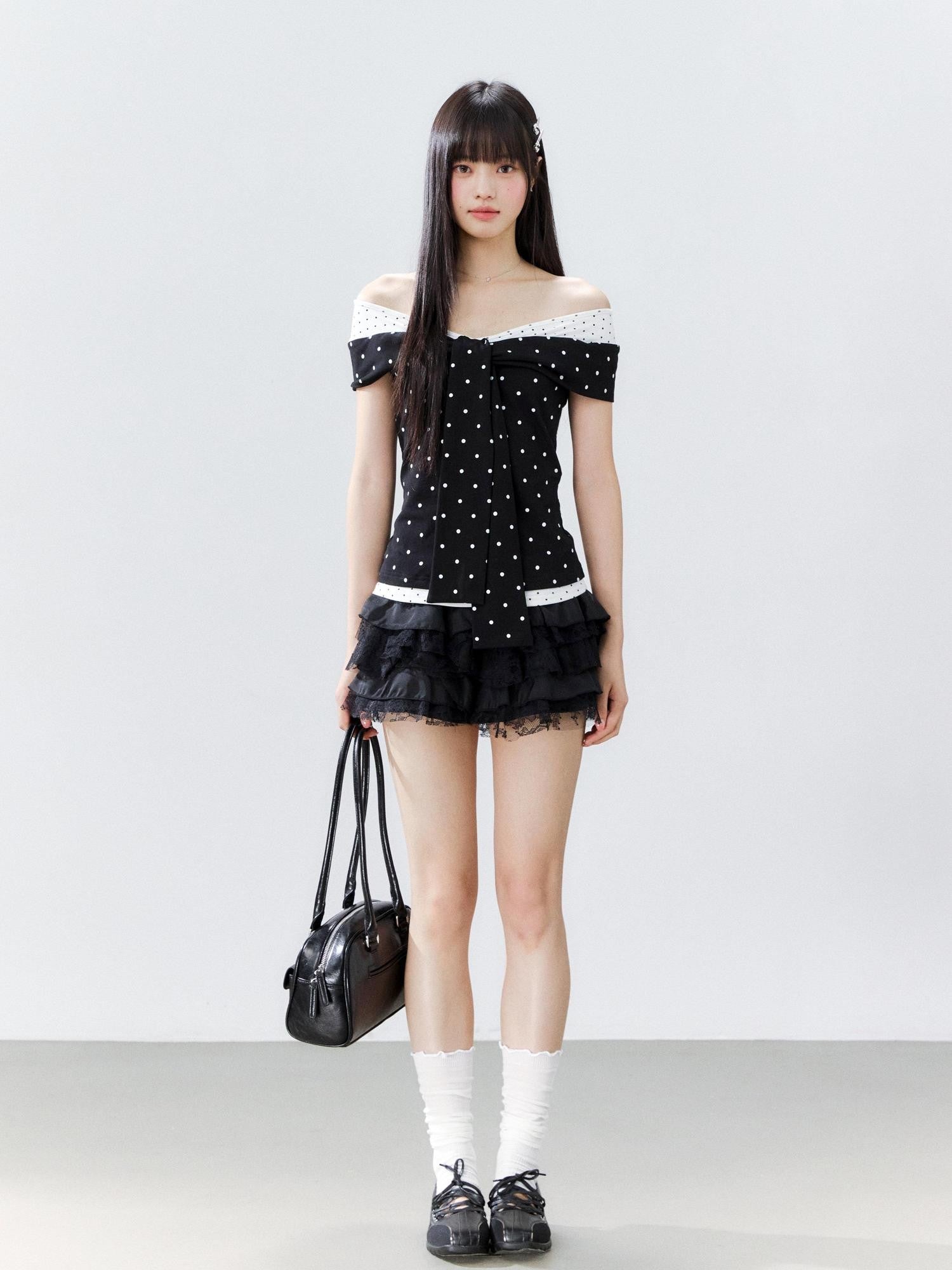 Hypoekai Colorblock Polka Dot Off Shoulder Fitted Women's Cotton Short Sleeve T-shirts