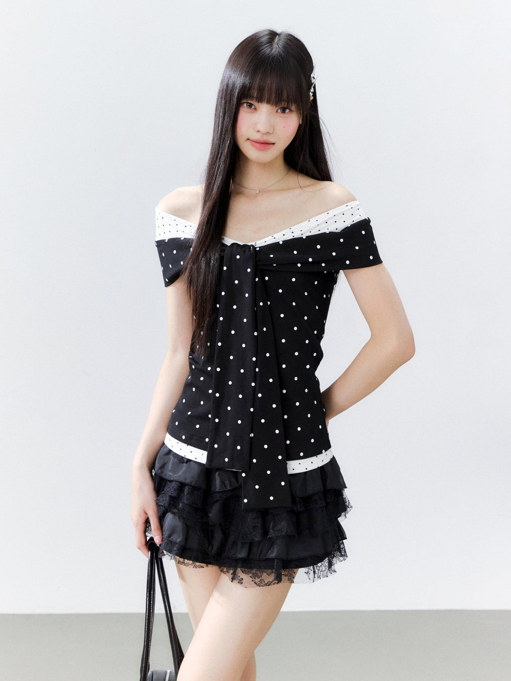 Hypoekai Colorblock Polka Dot Off Shoulder Fitted Women's Cotton Short Sleeve T-shirts